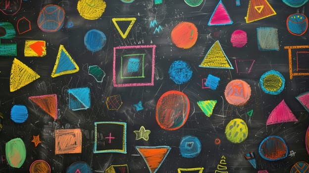 A blackboard displays vibrant geometric shapes and patterns created with colorful chalk during an art session in a classroom.