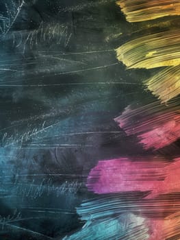A chalkboard displays vibrant spirals and abstract shapes, showcasing creativity during an afternoon art session in a classroom.