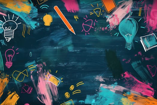 A vibrant chalkboard displays artistic brush strokes and illustrations of educational items, creating an inviting atmosphere for learning and creativity.