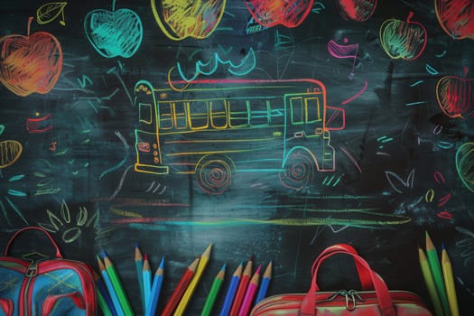 A chalkboard showcases vibrant brush strokes and drawings of educational tools and a school bus, creating an inspiring environment for learning.