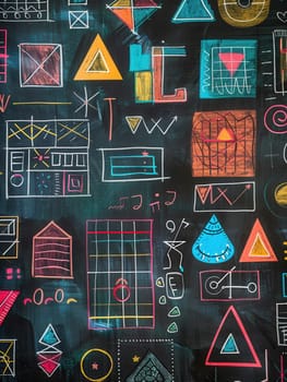 A blackboard displays various colorful geometric shapes and patterns, showcasing creativity and artistic expression in an educational environment.