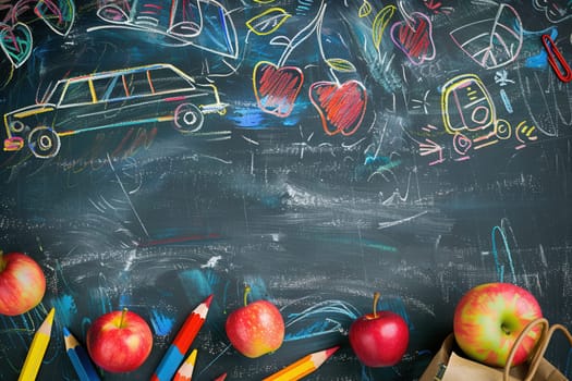 A vibrant chalkboard adorned with drawings of globes, pencils, and lightbulbs, enhancing a lively classroom atmosphere.