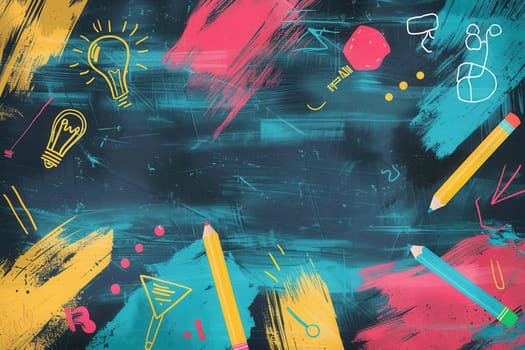 Chalkboard adorned with vibrant brush strokes and drawings of classroom essentials like globes, rulers, and lightbulbs, creating an inspiring learning atmosphere.