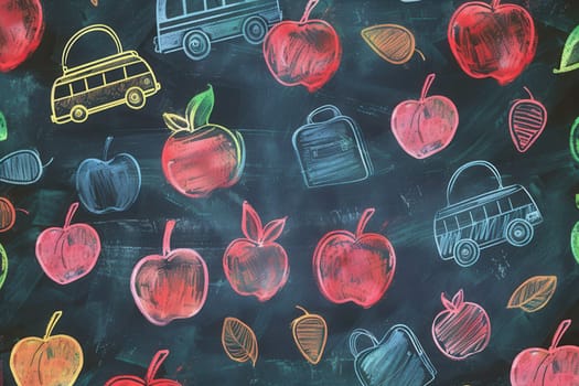 The chalkboard features vibrant brush strokes and detailed drawings of globes, rulers, calculators, pencils, lightbulbs, and various school accessories.