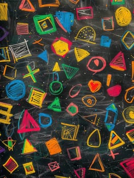 A blackboard filled with vibrant geometric shapes and patterns in various colors, showcasing creativity and artistic expression in an educational space.