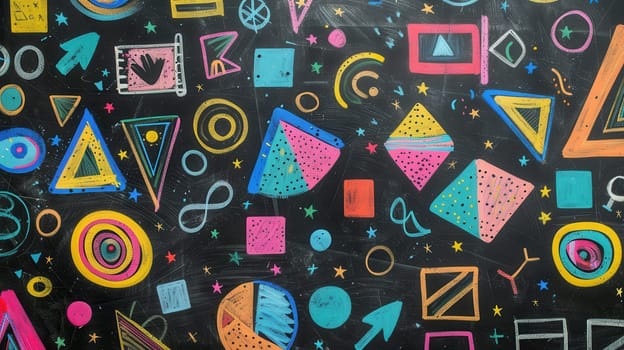 A blackboard features a vibrant display of geometric shapes and patterns created with colorful chalk during an art activity in a classroom.