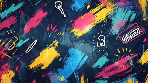 A vibrant chalkboard showcases colorful brush strokes and detailed drawings of globes, rulers, calculators, pencils, and lightbulbs, enhancing the classroom atmosphere.