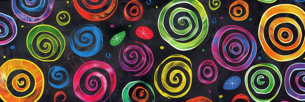 A chalkboard displays vibrant spirals and abstract shapes, showcasing creativity during art activities in an afternoon class setting.