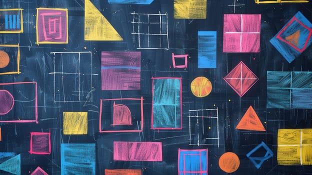 Brightly colored geometric shapes and patterns fill a blackboard, showcasing creativity and artistic expression in a classroom environment.