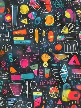 Brightly colored geometric shapes and patterns are meticulously drawn across a blackboard, showcasing creativity during an engaging art lesson.