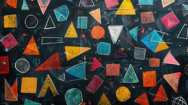 A blackboard is filled with vibrant geometric shapes and patterns, showcasing creativity in a lively classroom atmosphere.