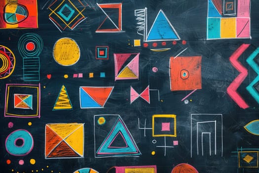 The blackboard displays vibrant geometric shapes and patterns, showcasing a creative art session in a classroom setting.