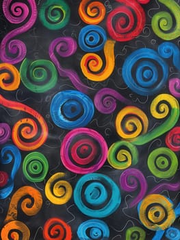 A vibrant chalkboard showcases a variety of colorful spirals and abstract shapes, reflecting the creativity of students in an engaging art class.
