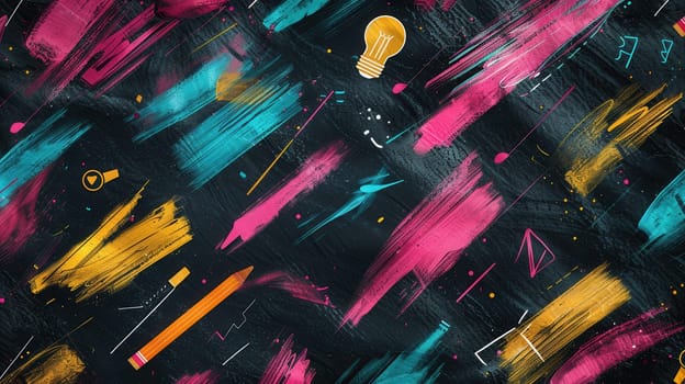 The chalkboard features vibrant brush strokes and detailed drawings of classroom supplies like globes, rulers, and lightbulbs, creating an inviting atmosphere for learning.