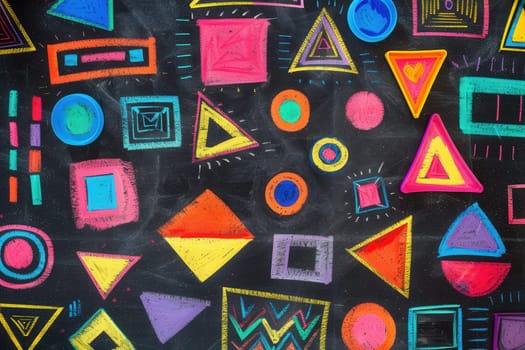 A blackboard features an array of vibrant geometric shapes and patterns drawn with chalk, showcasing creativity in a classroom setting.