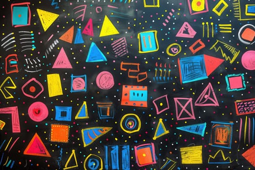 A blackboard features an array of vibrant geometric shapes and patterns, showcasing creativity in an artistic classroom environment.