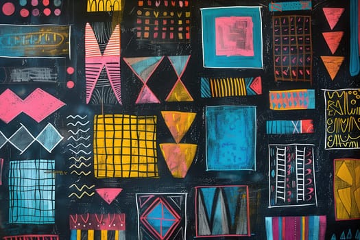 A blackboard features vibrant geometric shapes in various colors, showcasing creativity and artistic expression in an educational environment.