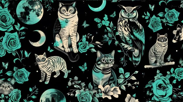 A beautiful and mystical pattern featuring cats, owls, roses, and moons, perfect for a variety of design projects.