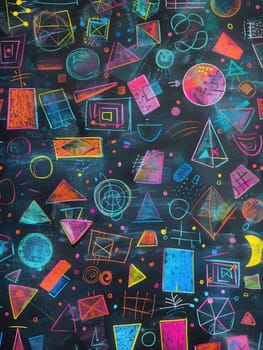 A blackboard features vibrant geometric shapes, lines, and patterns, created during an engaging art class, showcasing creativity and expression.