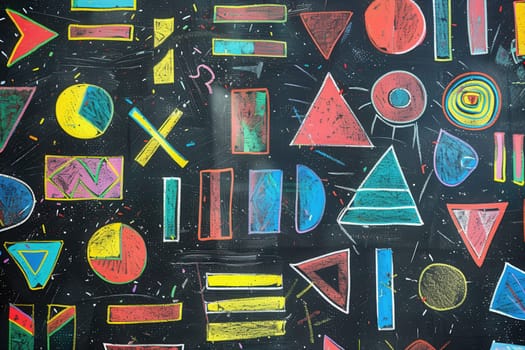 A classroom blackboard features a vibrant array of geometric shapes in various colors, created with chalk during an art lesson.