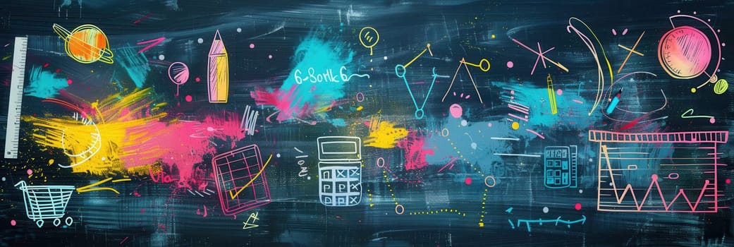 A vibrant chalkboard features colorful brush strokes and illustrations of globes, rulers, calculators, and pencils, enhancing the classroom environment.