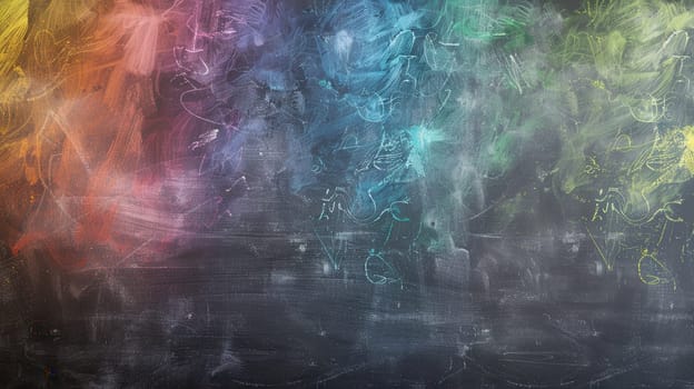 A chalkboard features vibrant spirals and abstract shapes created during an art activity, showcasing creativity and imagination.