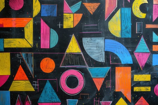 A blackboard displays vibrant geometric shapes and patterns, showcasing artistic creativity in a lively educational environment.
