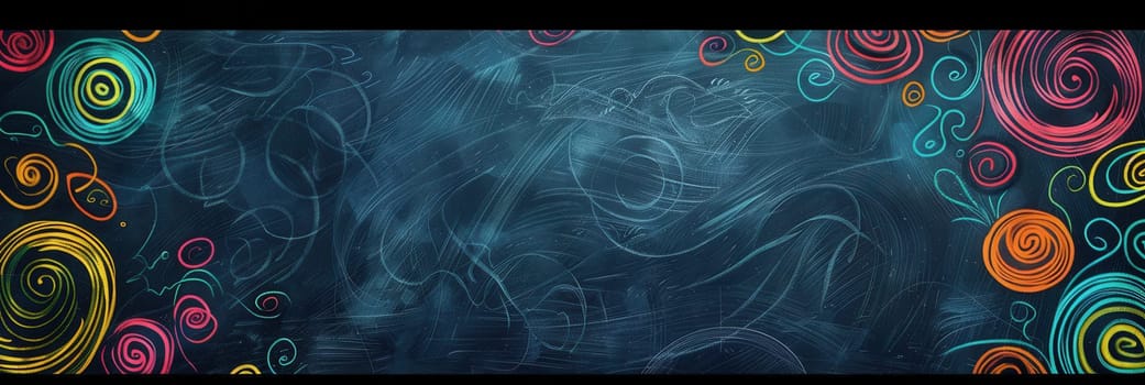 The chalkboard displays vibrant spirals and abstract shapes, showcasing creativity and imagination during an engaging art class session.