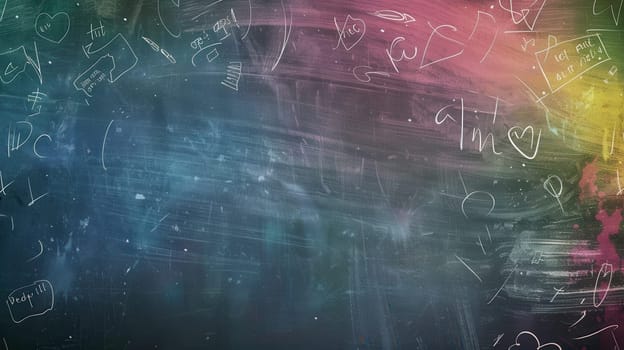 Chalkboard adorned with vibrant spirals and abstract shapes created by students during a creative art session in the classroom.