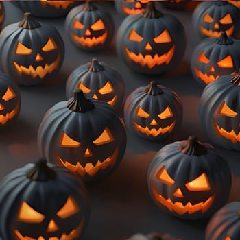 Close-up of multiple jack-o-lanterns with glowing faces, creating a spooky and festive atmosphere for Halloween.