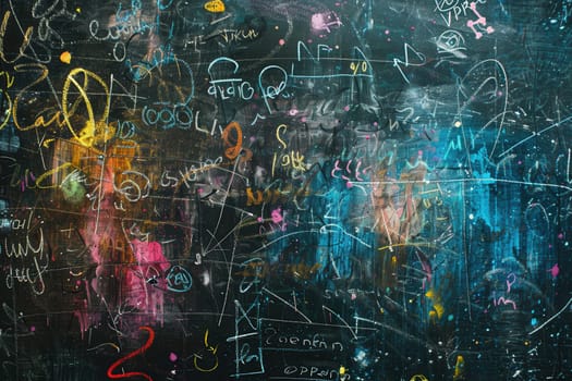 A chalkboard features vibrant spirals and abstract shapes, showcasing artistic creativity during a lively classroom session.