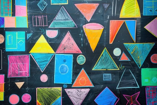 A blackboard features a vibrant display of geometric shapes and patterns created with colorful chalk during an engaging art session.
