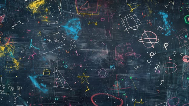 Vibrant chalk swirls and shapes cover the chalkboard, showcasing creativity and imagination during an artistic exploration session.
