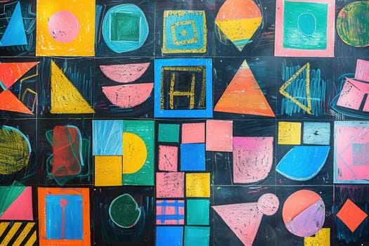 A blackboard displays an array of vibrant geometric shapes and patterns, created during an interactive classroom art session.