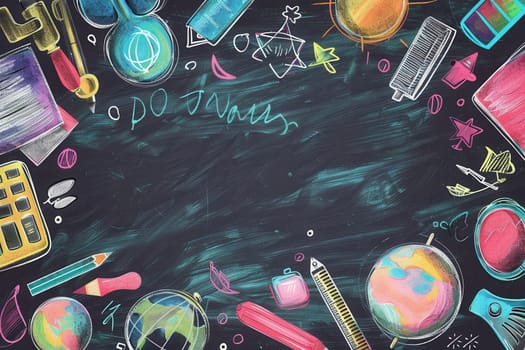 The chalkboard displays vibrant brush strokes and detailed drawings of educational items, creating a lively atmosphere for learning.