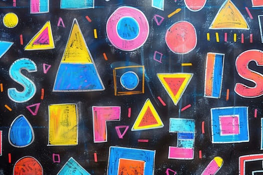 A blackboard is filled with vibrant geometric shapes and patterns, showcasing creativity and color in an educational environment.