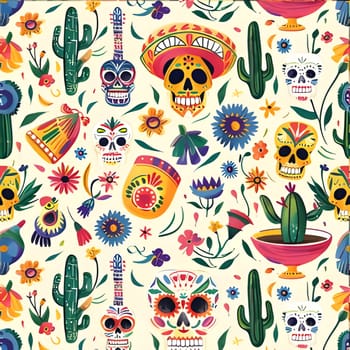 A vibrant, colorful, and festive digital illustration depicting a seamless pattern of traditional Mexican Day of the Dead symbols like skulls, flowers, and cacti.