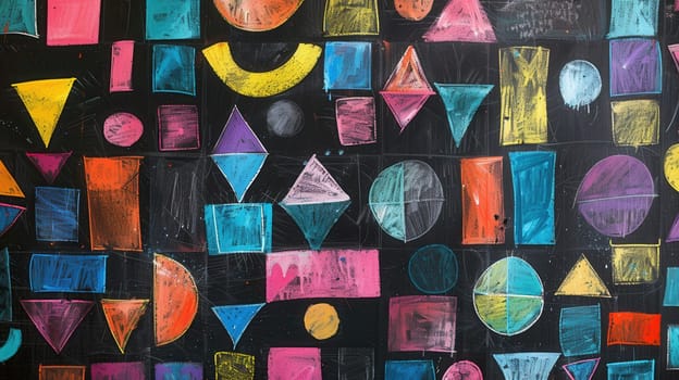 A blackboard is creatively adorned with a variety of colorful geometric shapes and patterns, showcasing artistic expression during an educational session.