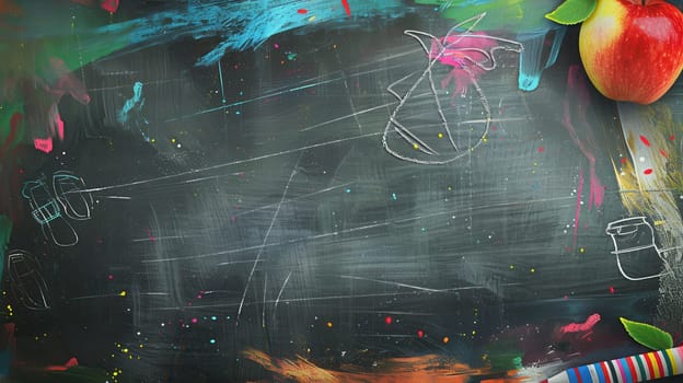 A chalkboard is adorned with colorful brush strokes and detailed drawings of globes, rulers, calculators, and lightbulbs, enhancing the classroom atmosphere.