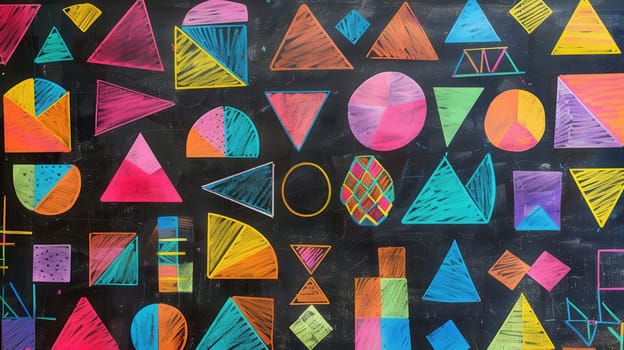 The blackboard is filled with vibrant geometric shapes and patterns, showcasing students' creativity during an engaging art activity.