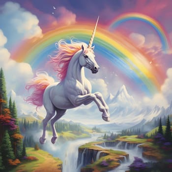A majestic unicorn with a flowing mane and tail leaps through a vibrant rainbow against a backdrop of fluffy clouds and majestic mountains.