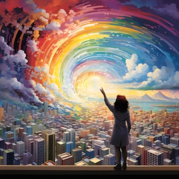 A woman stands on a rooftop overlooking a cityscape, reaching towards a vibrant rainbow spiraling across the sky. It is a powerful symbol of hope, inspiration, and the pursuit of dreams.