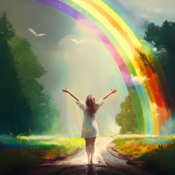 A woman stands with her arms outstretched beneath a vibrant rainbow, symbolizing hope, dreams, and the beauty of nature.