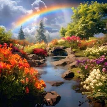 A picturesque scene of a stream flowing through a lush garden with a rainbow bridge above it. Vibrant flowers line the banks, adding a splash of color to the tranquil landscape.