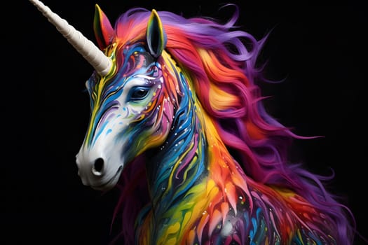 A close-up portrait of a unicorn with a rainbow-colored mane and body. The unicorn is against a black background and its horn is pointed upwards.