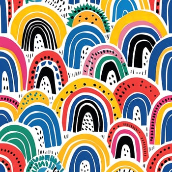 A vibrant and colorful abstract pattern featuring a repeating design of rainbows in various colors and styles.