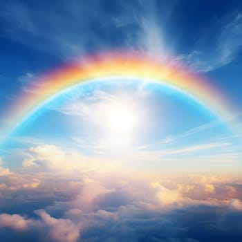 A stunning rainbow arcs over a sea of clouds, bathed in the warm glow of the sun, a scene of beauty, hope, and inspiration.