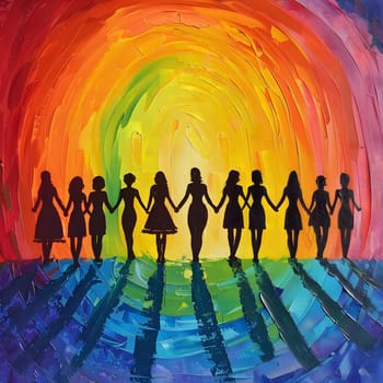 An abstract painting depicting silhouettes of women holding hands, standing against a backdrop of a vibrant, colorful sunset. The painting conveys themes of unity, hope, and togetherness.