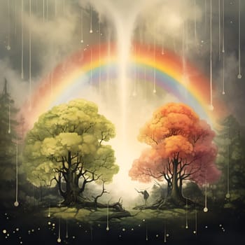 A digital painting showcasing two trees, one green and one orange, beneath a vibrant rainbow with falling raindrops in a whimsical forest setting.