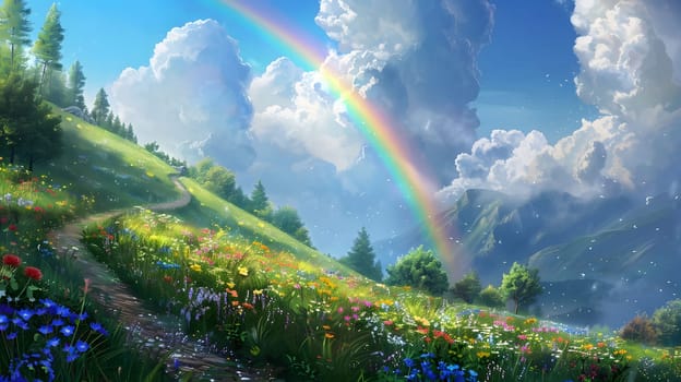 A vibrant rainbow arches over a lush meadow, with a winding path leading through the colorful wildflowers towards a majestic mountain range under a bright blue sky.